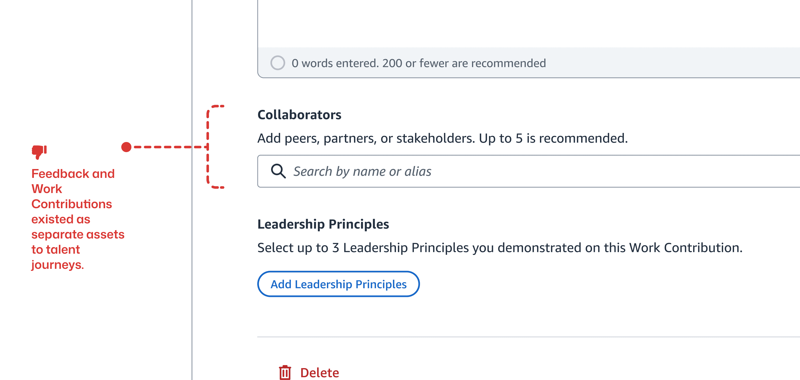 Work Contribution interface highlighting that feedback and work existed as separate assets across talent journeys